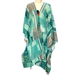 CCC Bohemian Style Patchwork Cape Lightweight Sheer Fabric Elegant Turquoise Whi